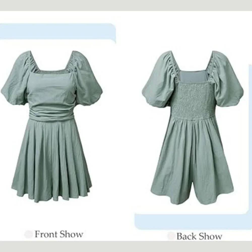 Women's Romper Cute Puff Sleeve Elastic Summer Mini Short Romper Jumpsuit - Picture 5 of 6